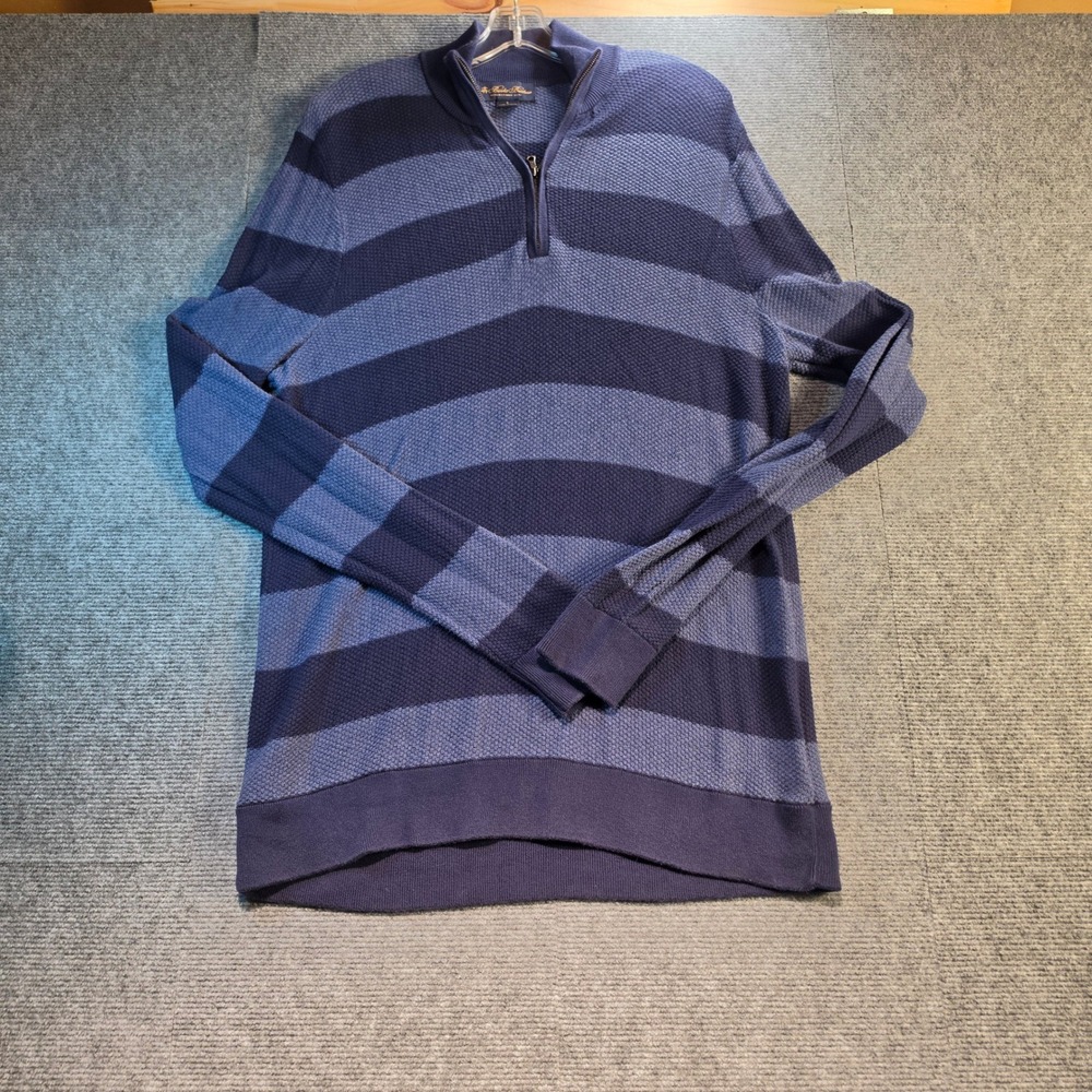 Brooks Brothers Quarter Zip Men Large Blue Striped Good Cotton Textured Sweater